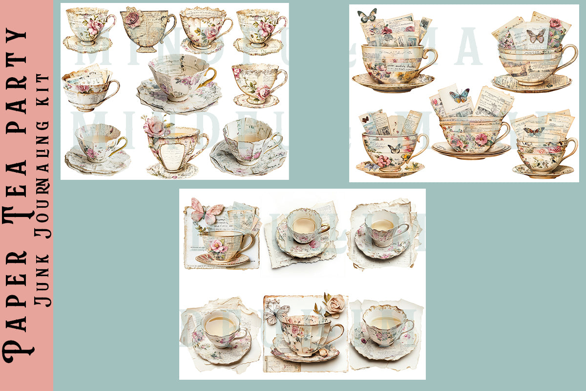 Paper tea party ephemera junk journaling kit