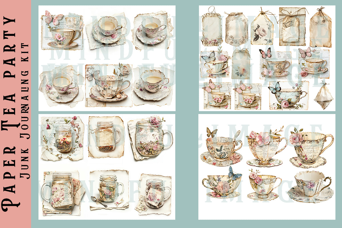 Paper tea party ephemera junk journaling kit