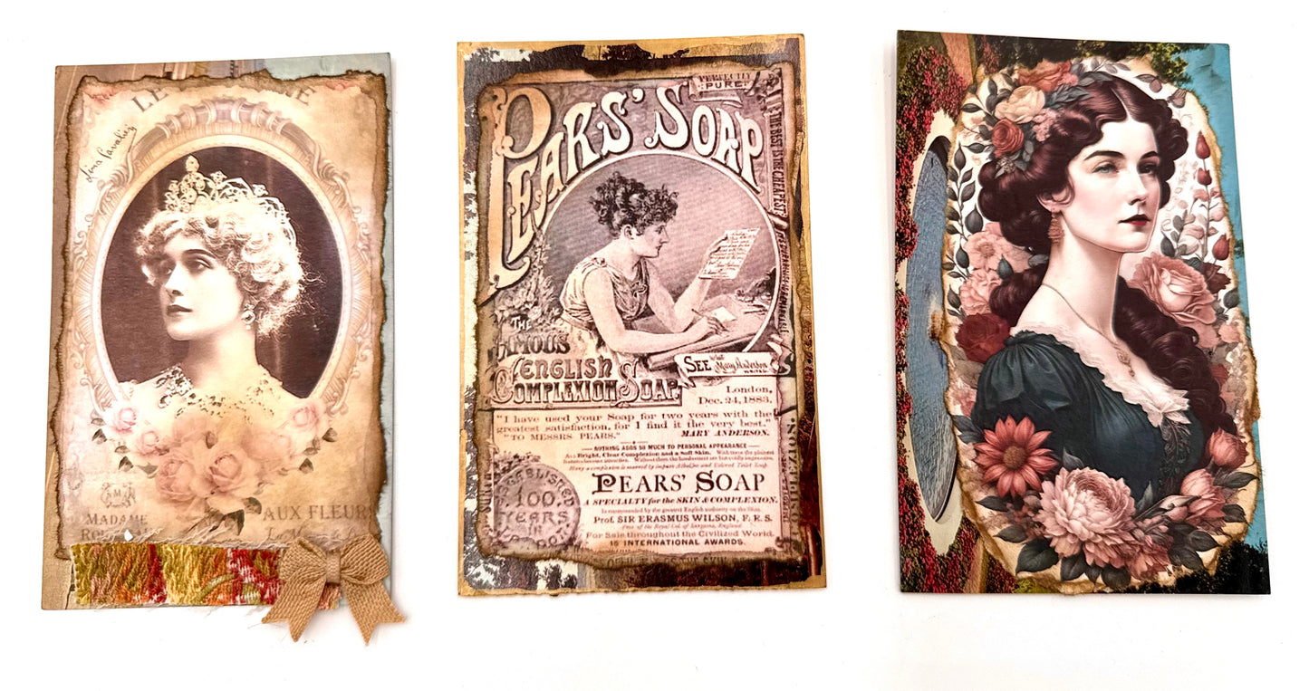 Set of 3 Altered vintage postcards.