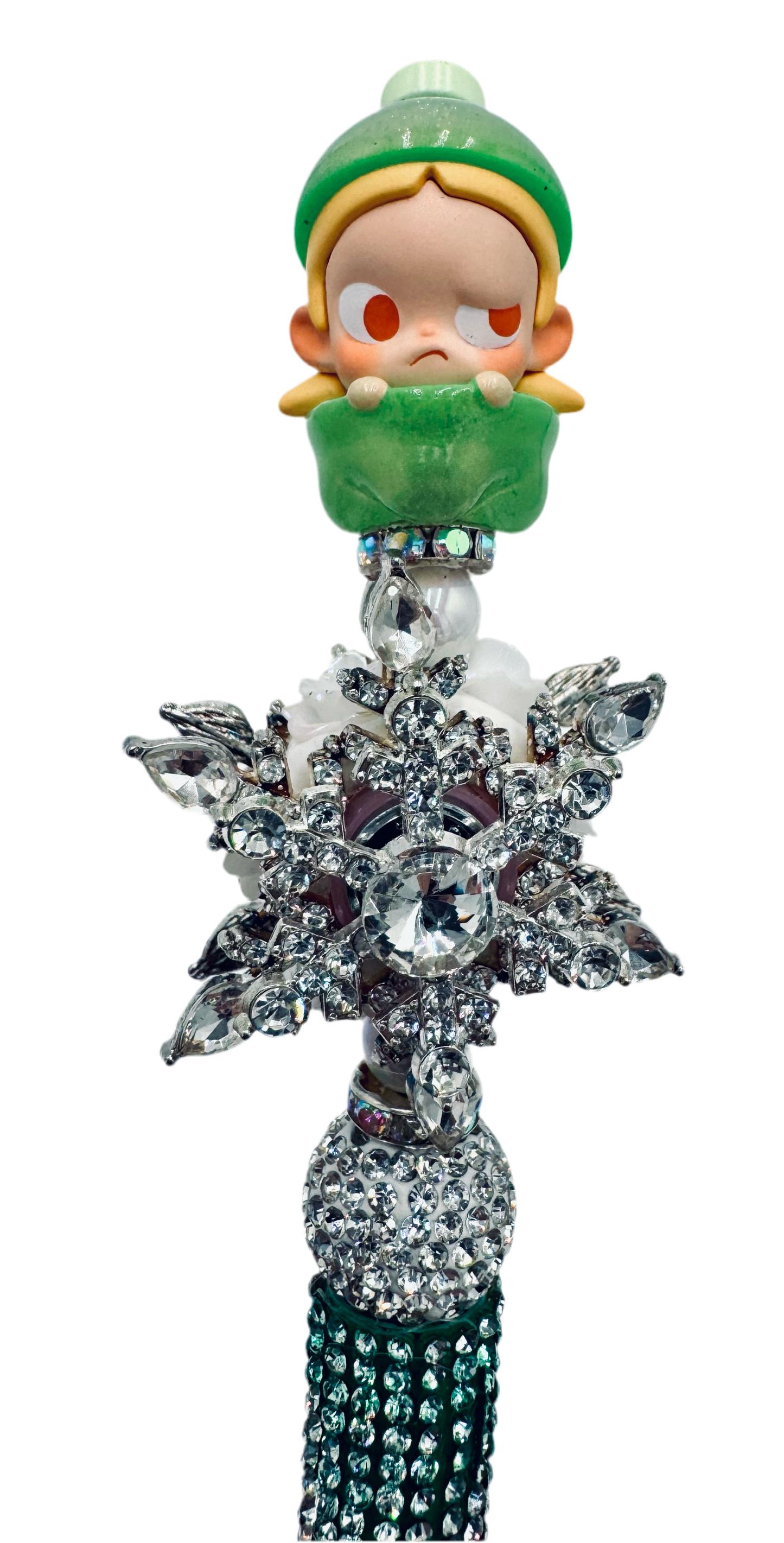 Cute green baby with silver color spinner, charmed pen.