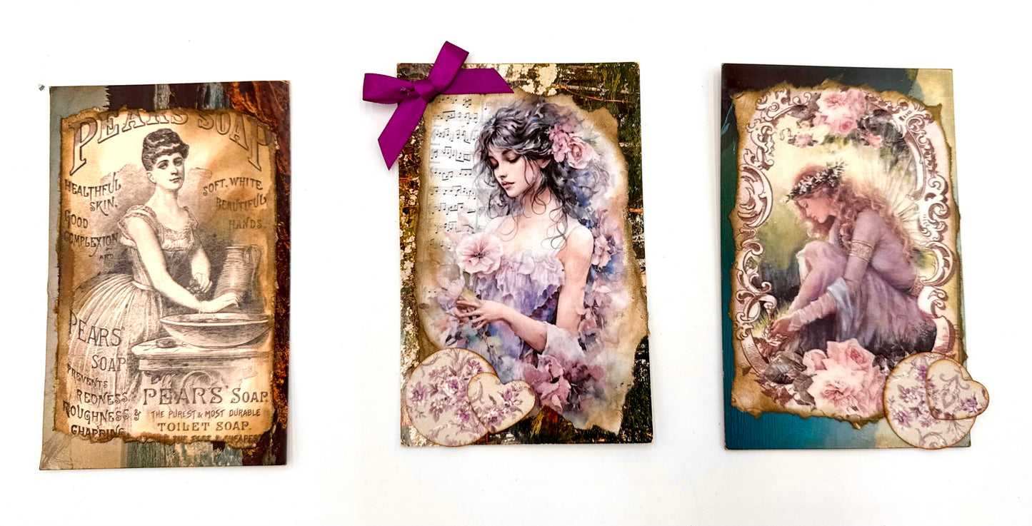 Set of 3 Altered vintage postcards.