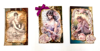 Set of 3 Altered vintage postcards.