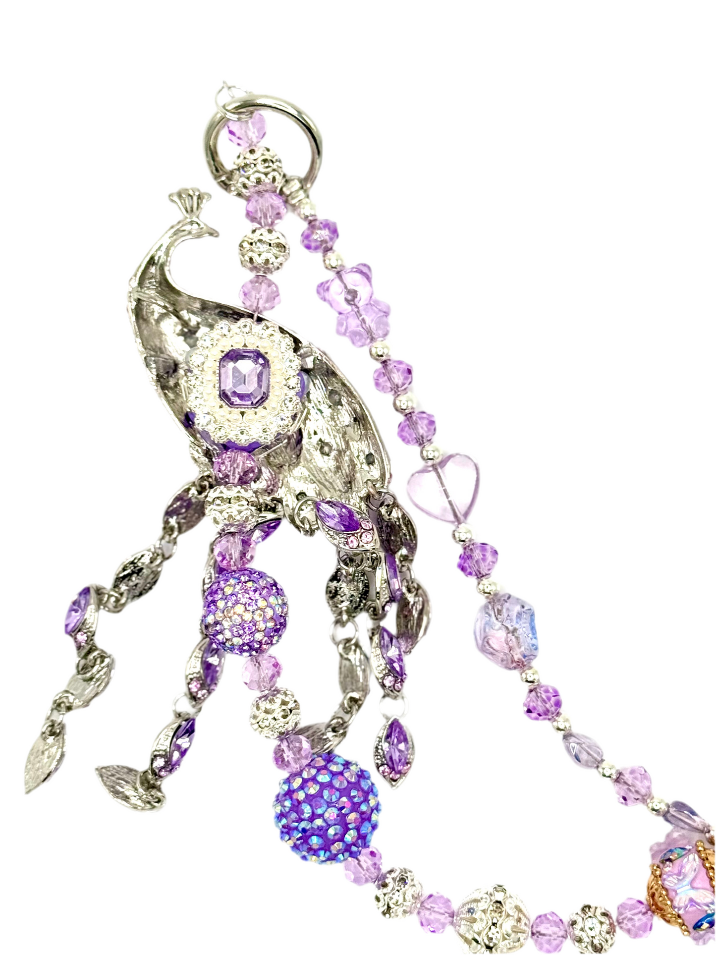 Purple peacock charmed phone chain.