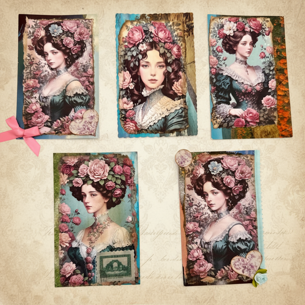 Set of 5 Altered vintage postcards.