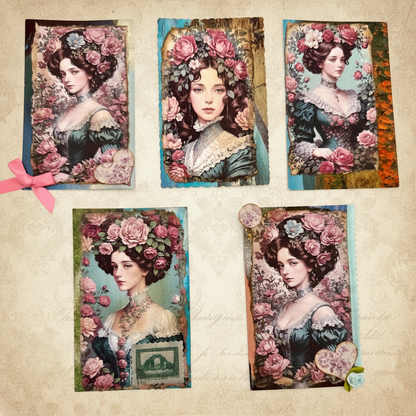 Set of 5 Altered vintage postcards.