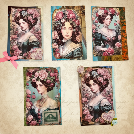 Set of 5 Altered vintage postcards.