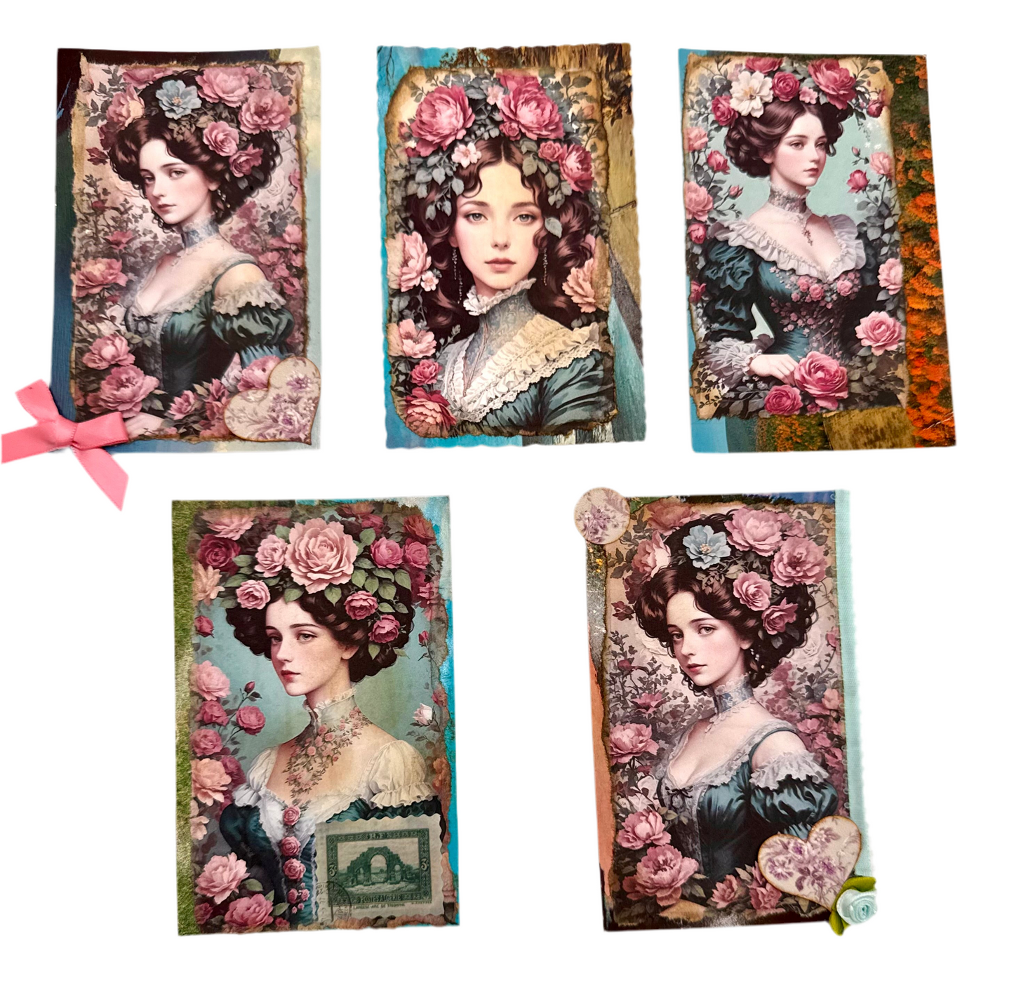 Set of 5 Altered vintage postcards.