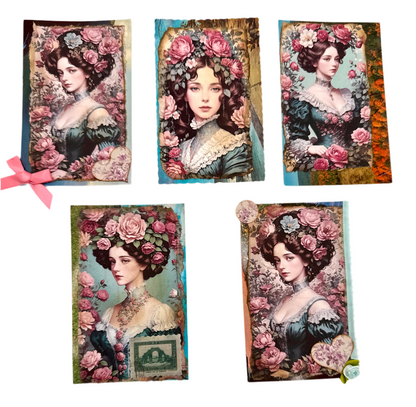 Set of 5 Altered vintage postcards.