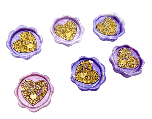 Purple and golden lace heart6 pcs wax seal set