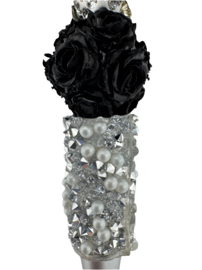 Elegant black bow with silver spinner, charmed pen.