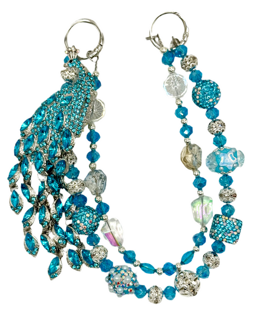 Blue peacock tassel charmed phone clip & chain