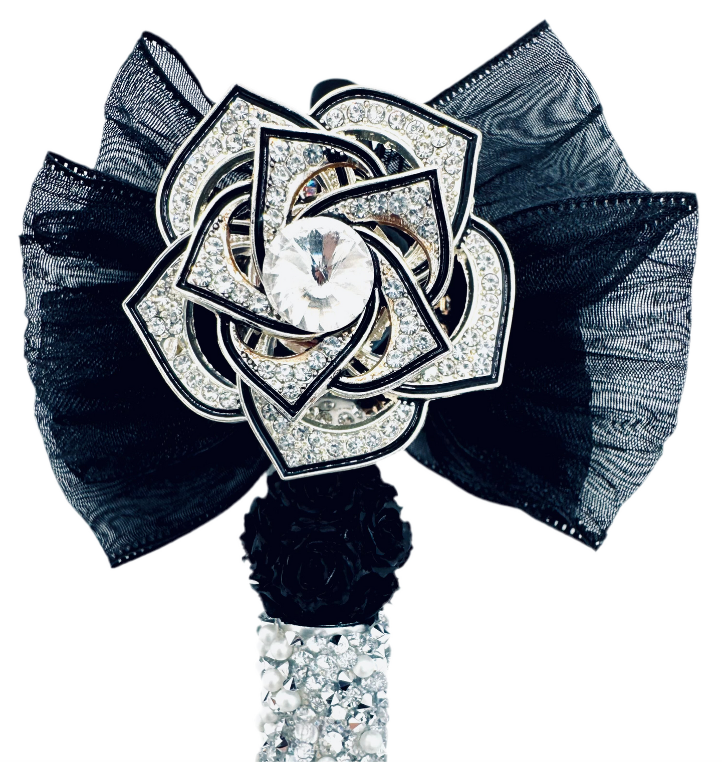 Elegant black bow with silver spinner, charmed pen.