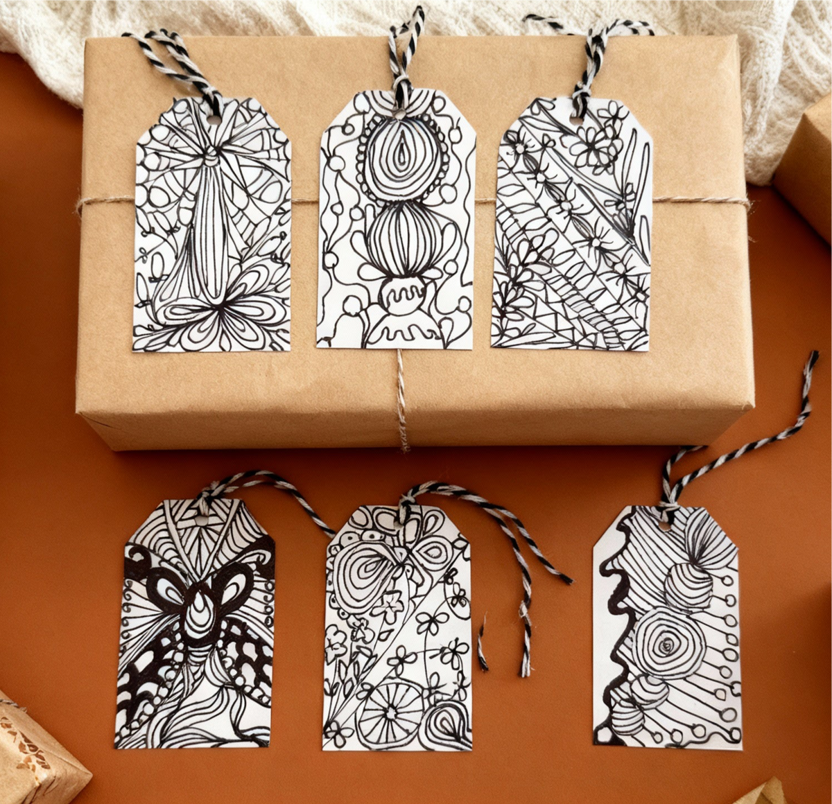 Set of 6 Hand doodled tags