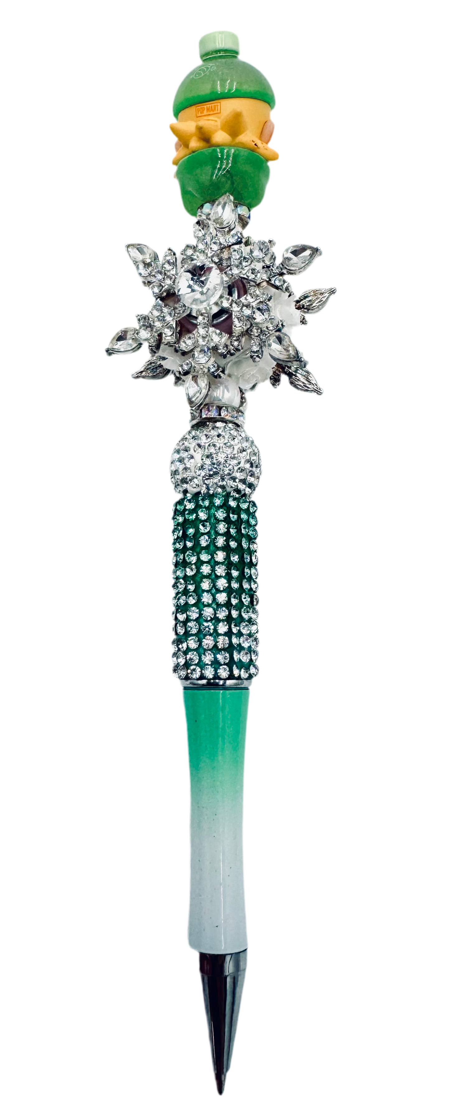 Cute green baby with silver color spinner, charmed pen.