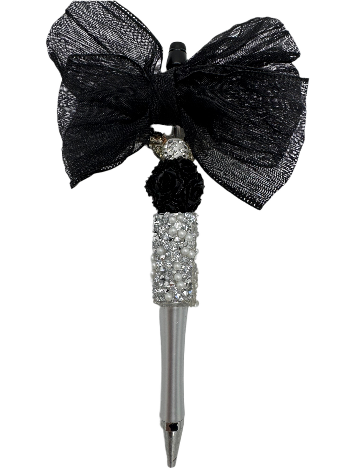 Elegant black bow with silver spinner, charmed pen.