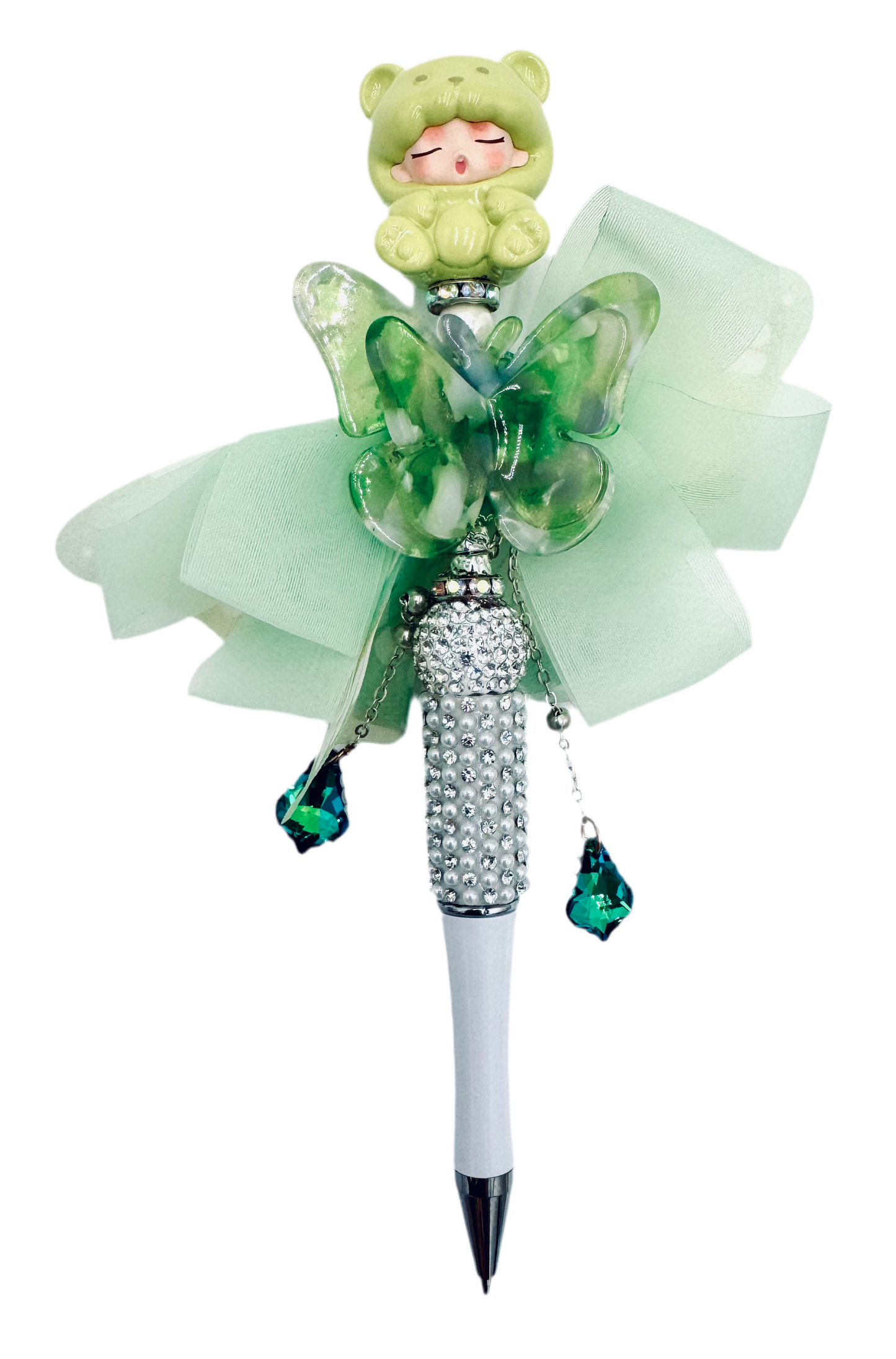 Green sleeping baby with butterfly charmed pen