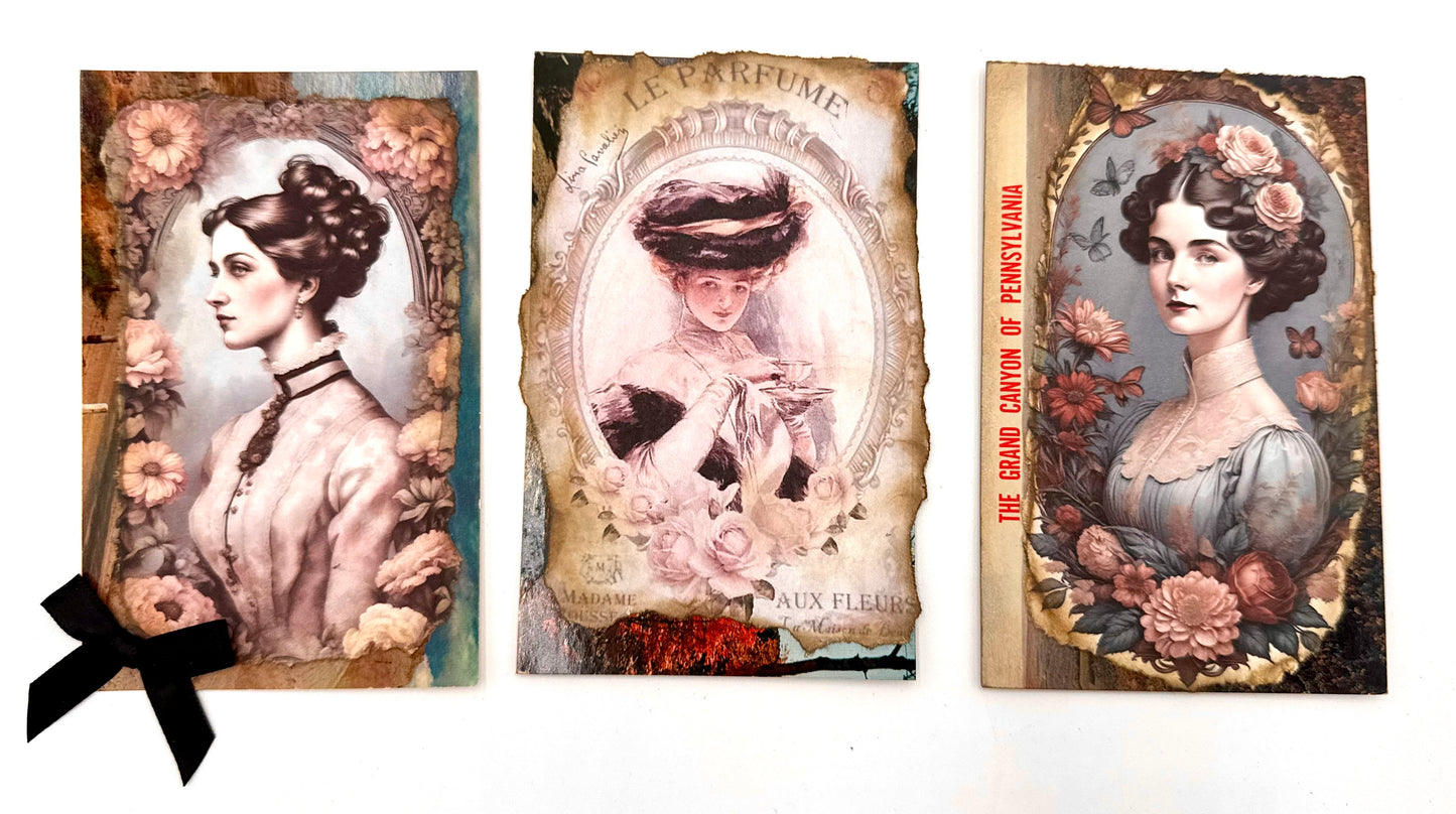 Set of 3 Altered vintage postcards.