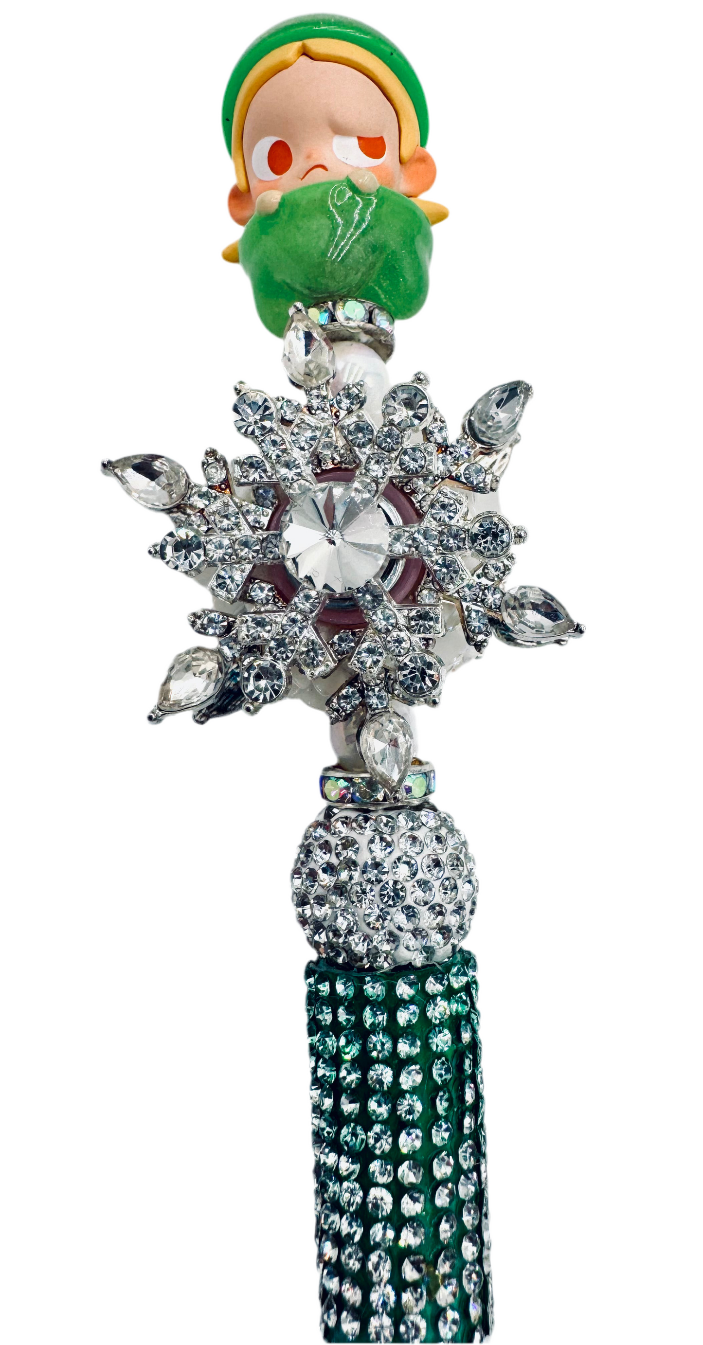 Cute green baby with silver color spinner, charmed pen.