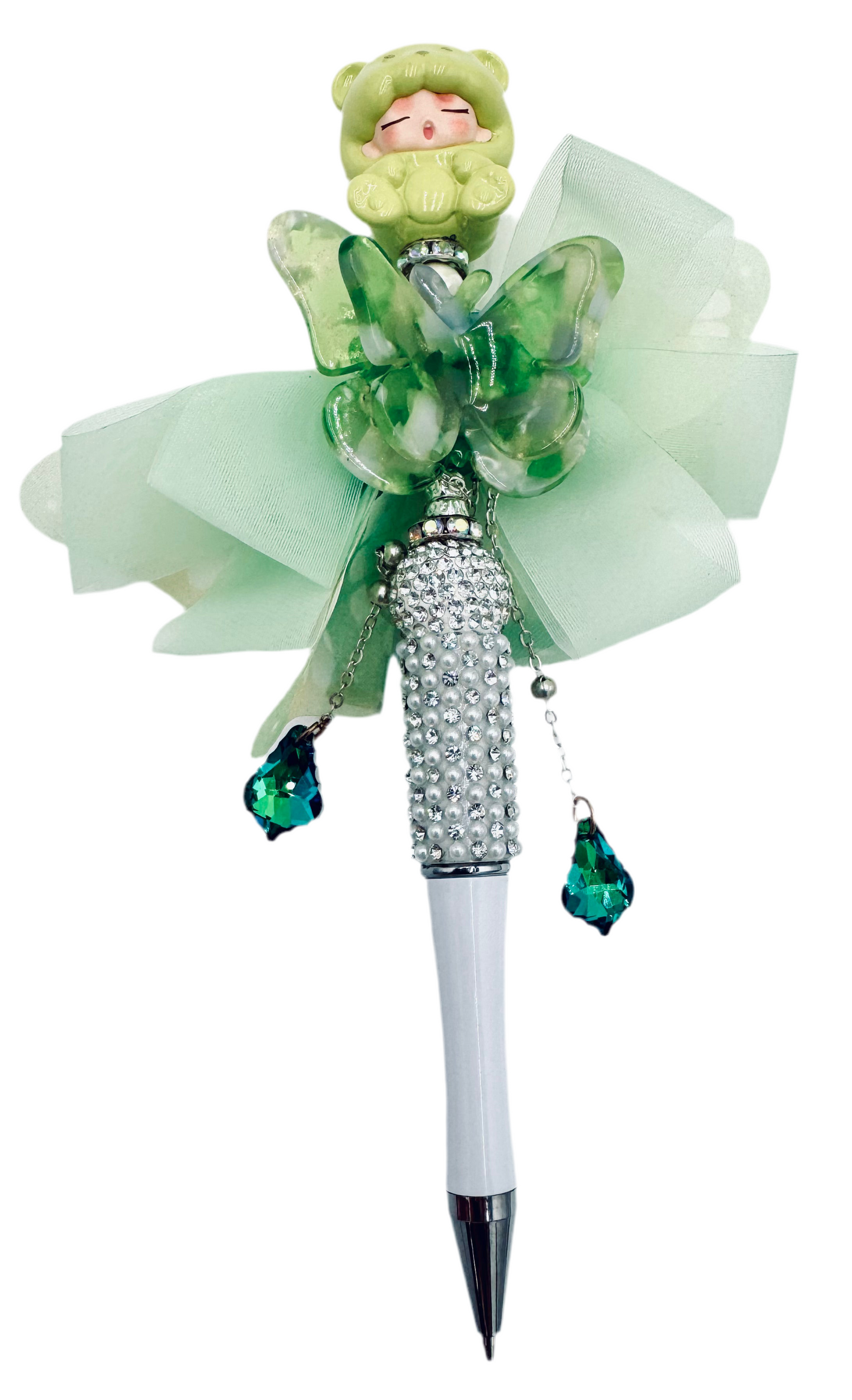 Green sleeping baby with butterfly charmed pen
