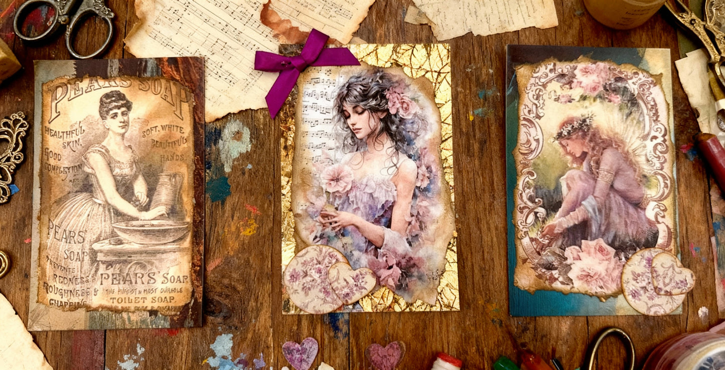 Set of 3 Altered vintage postcards.