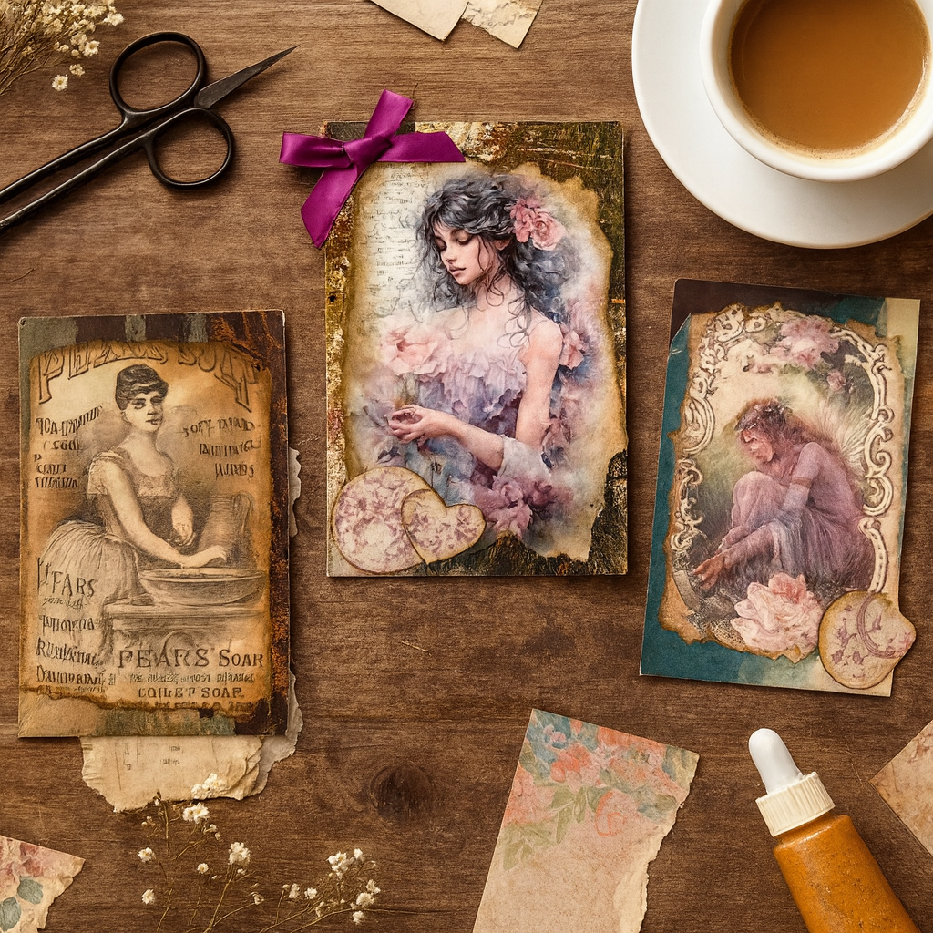 Set of 3 Altered vintage postcards.