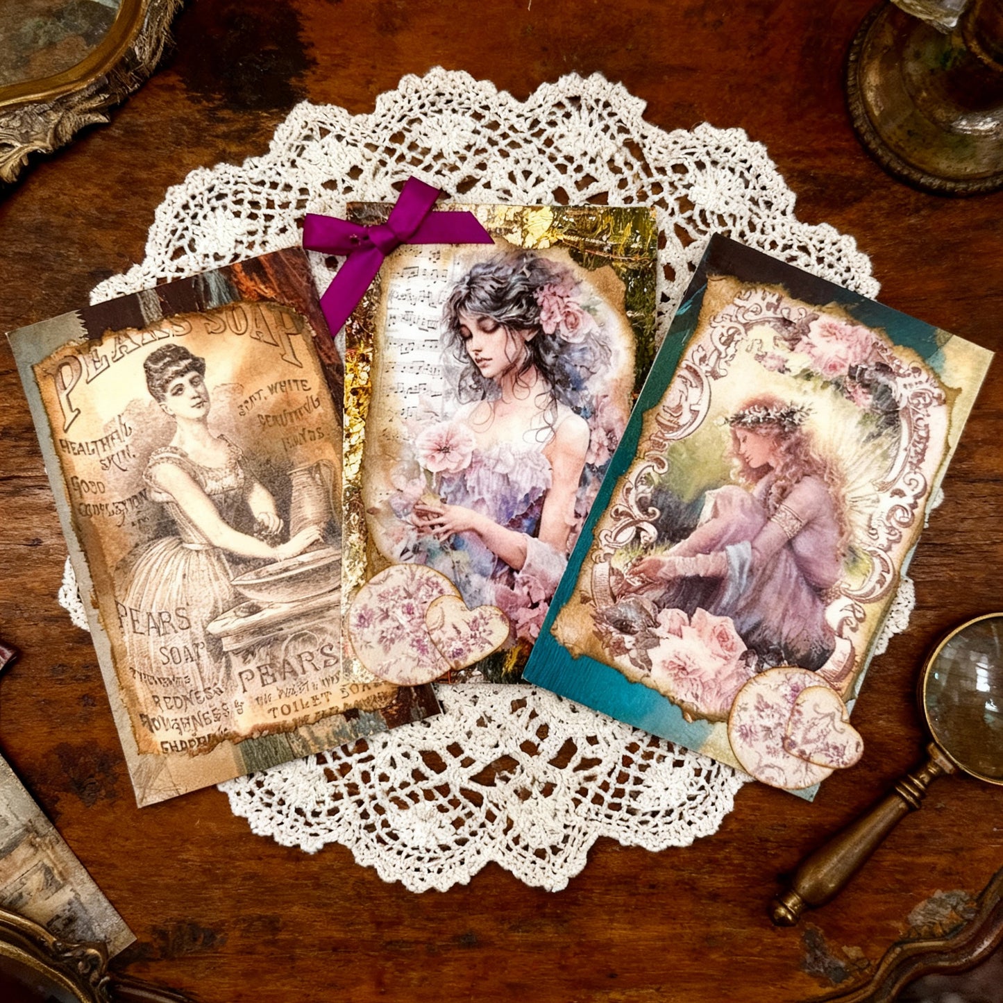 Set of 3 Altered vintage postcards.