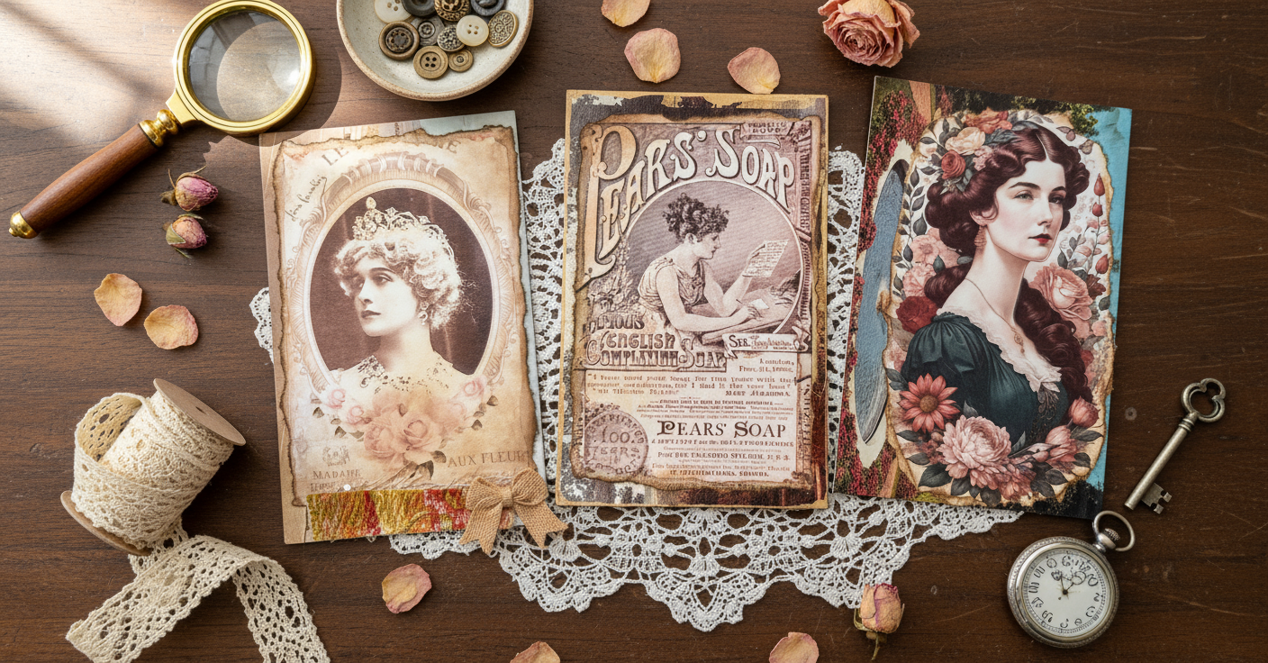 Set of 3 Altered vintage postcards.