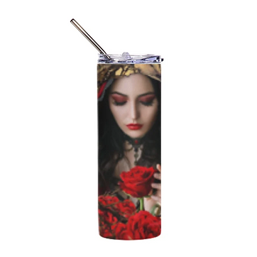a beautiful woman with raven hair looking down at roses